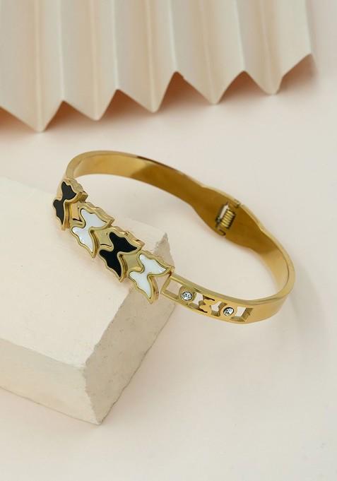 Stainless Steel Gold Plated Stones Studded Clover Charm Bangle Style Bracelet