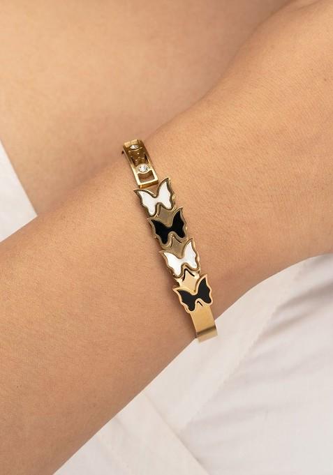 Stainless Steel Gold Plated Stones Studded Clover Charm Bangle Style Bracelet