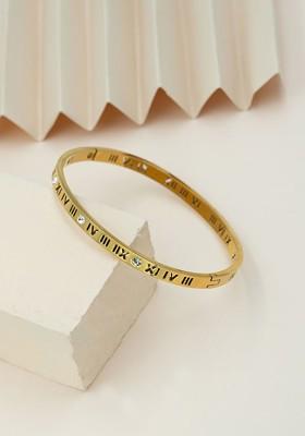 Stainless Steel Gold Plated Stones Studded Roman Charm Bangle Style Bracelet