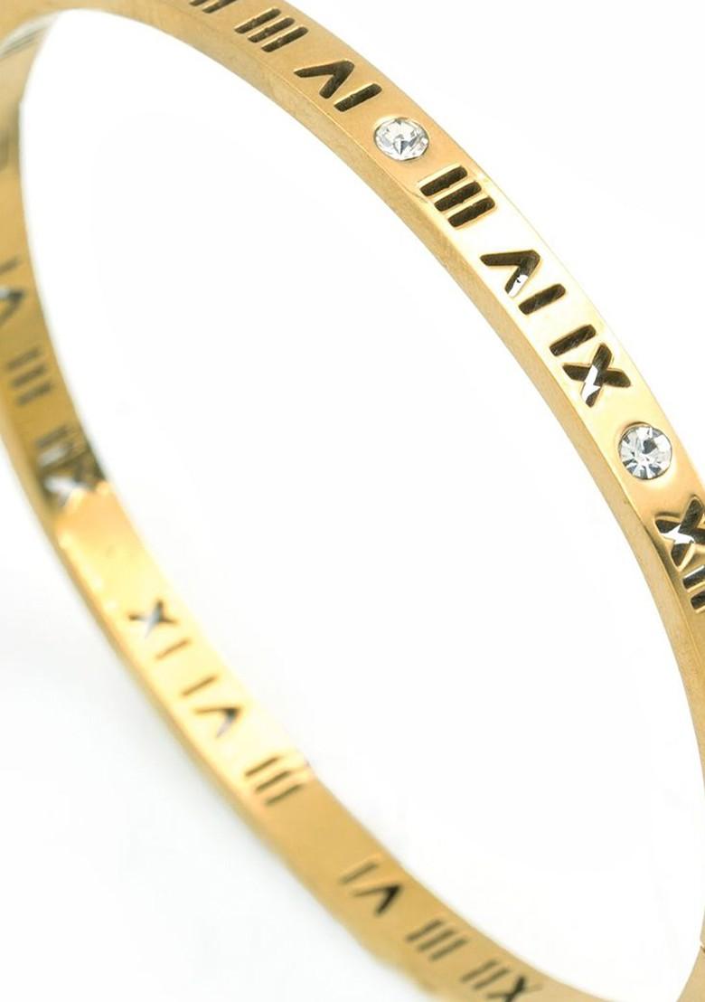 Stainless Steel Gold Plated Stones Studded Roman Charm Bangle Style Bracelet - Indya