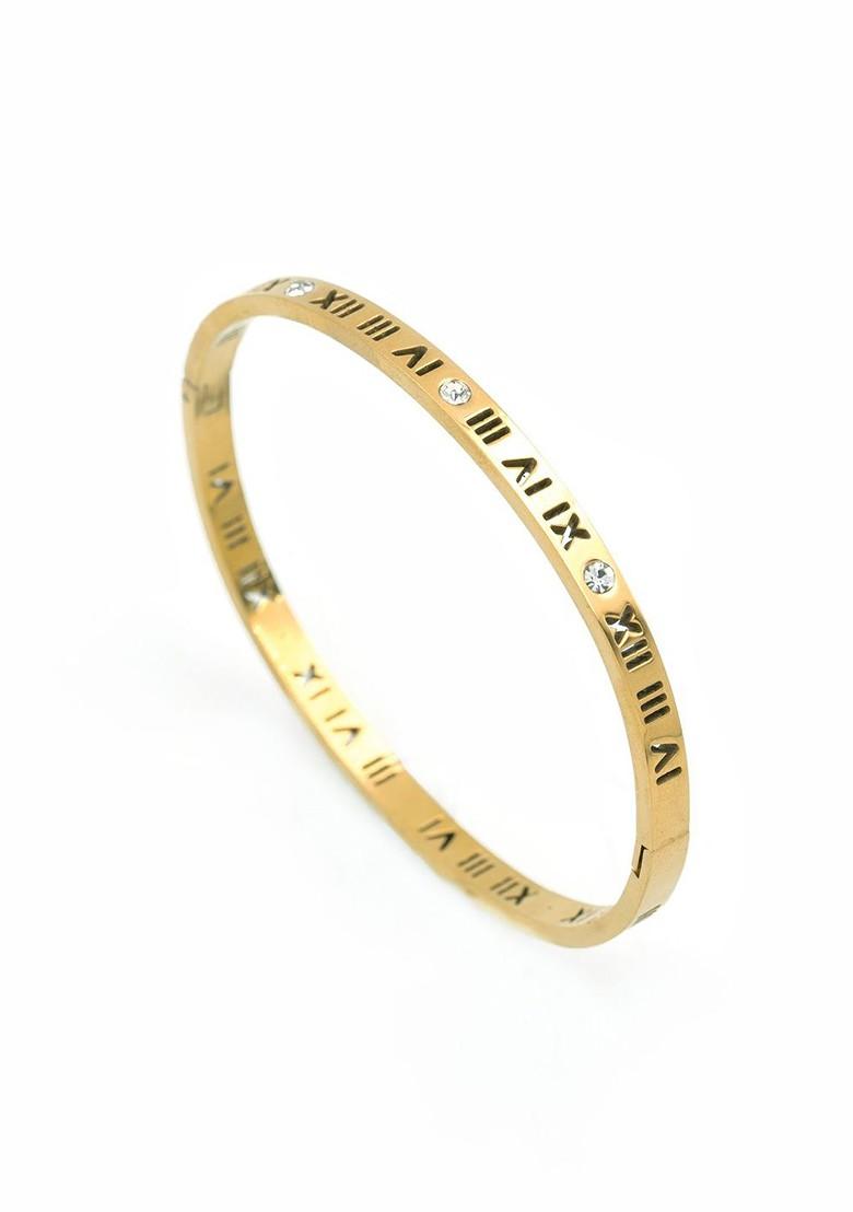 Stainless Steel Gold Plated Stones Studded Roman Charm Bangle Style Bracelet - Indya