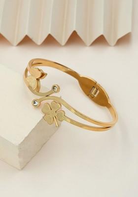 Stainless Steel Gold Plated Stones Studded Lucky Charm Bangle Style Bracelet