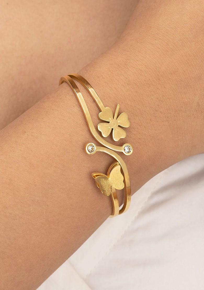 Stainless Steel Gold Plated Stones Studded Lucky Charm Bangle Style Bracelet - Indya