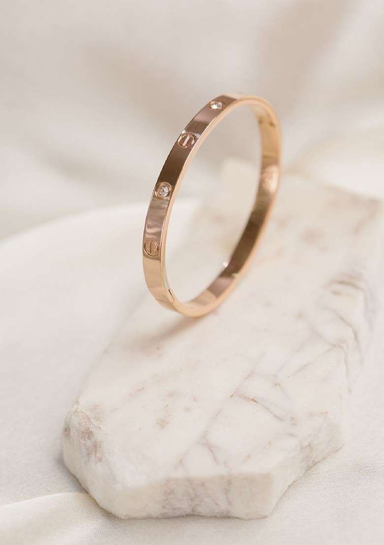 Rose Gold Plated Artificial Stones Studded Bangle Style Bracelet - Indya