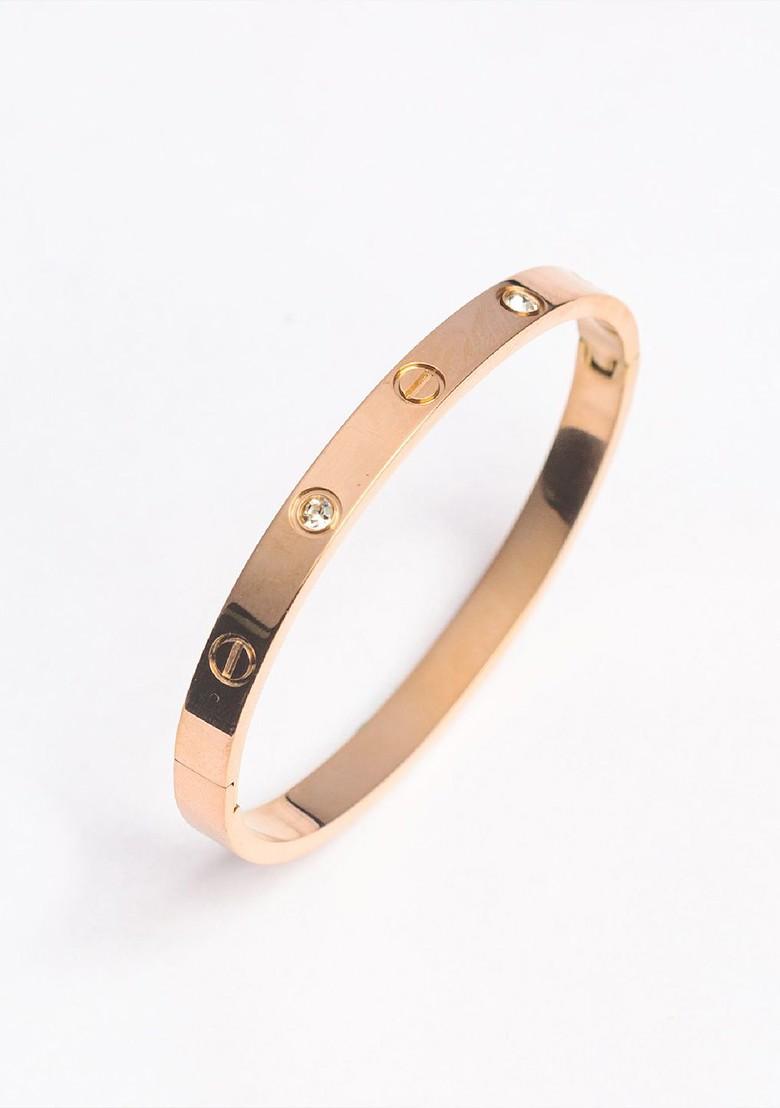 Rose Gold Plated Artificial Stones Studded Bangle Style Bracelet - Indya