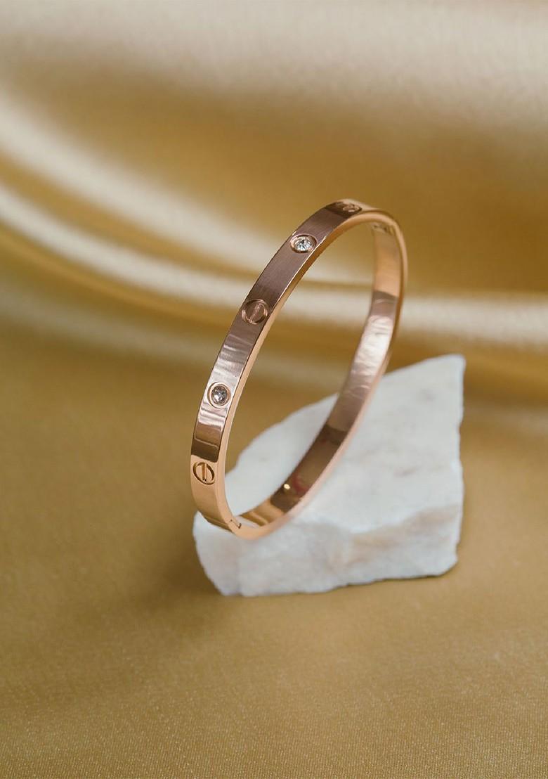 Rose Gold Plated Artificial Stones Studded Bangle Style Bracelet - Indya