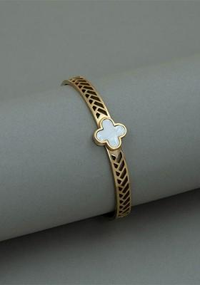 Stainless Steel Gold Plated Clover Enamelled Bangle Style Bracelet