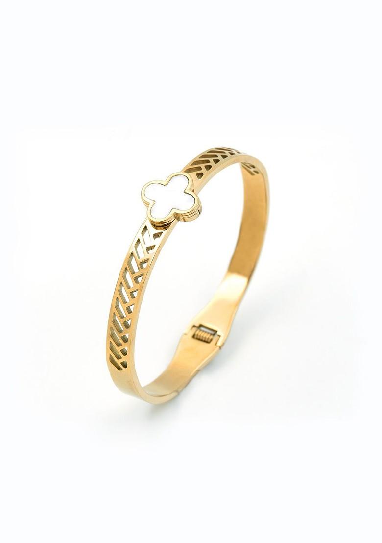 Stainless Steel Gold Plated Clover Enamelled Bangle Style Bracelet