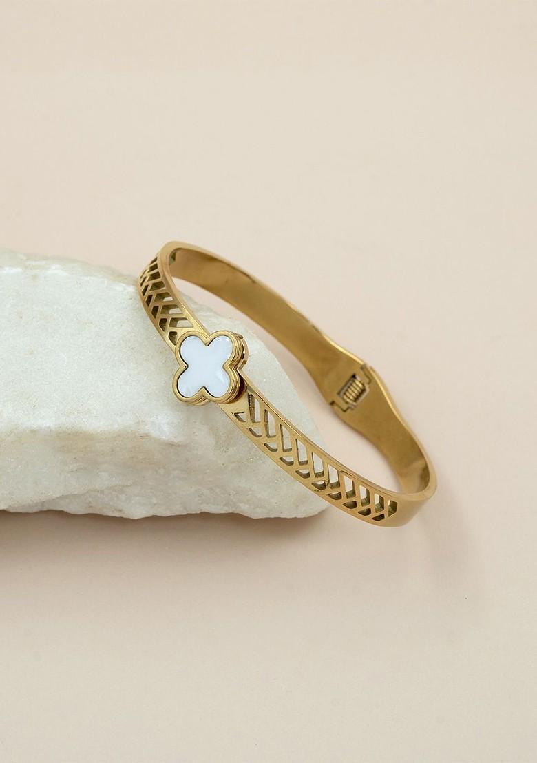 Stainless Steel Gold Plated Clover Enamelled Bangle Style Bracelet