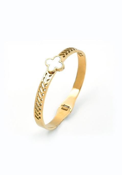 Stainless Steel Gold Plated Clover Enamelled Bangle Style Bracelet