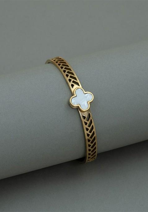 Stainless Steel Gold Plated Clover Enamelled Bangle Style Bracelet