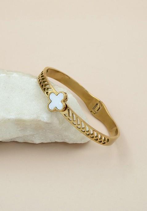 Stainless Steel Gold Plated Clover Enamelled Bangle Style Bracelet