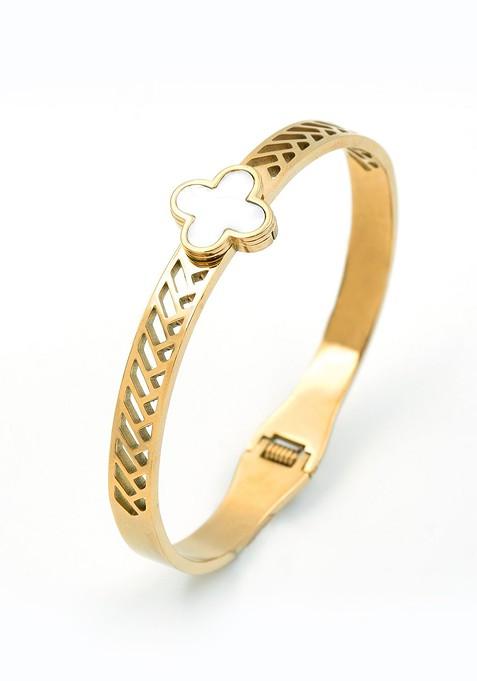 Stainless Steel Gold Plated Clover Enamelled Bangle Style Bracelet