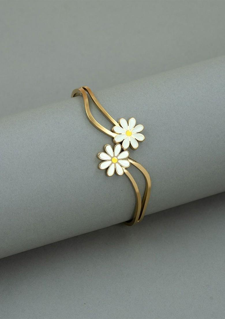 Stainless Steel Gold Plated Floral Bangle Style Bracelet