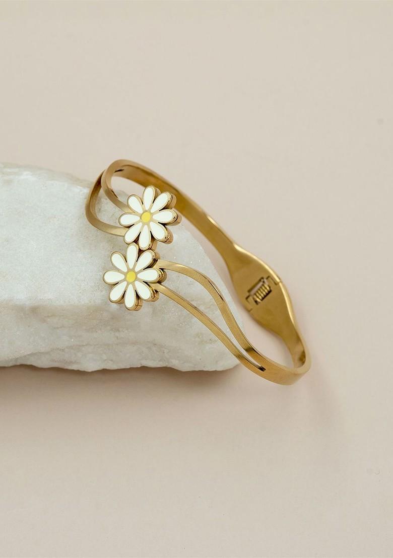 Stainless Steel Gold Plated Floral Bangle Style Bracelet