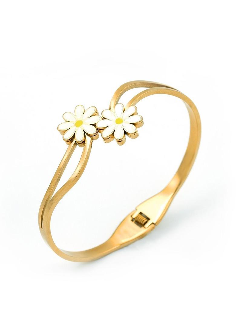 Stainless Steel Gold Plated Floral Bangle Style Bracelet