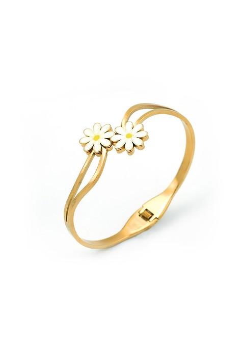Stainless Steel Gold Plated Floral Bangle Style Bracelet