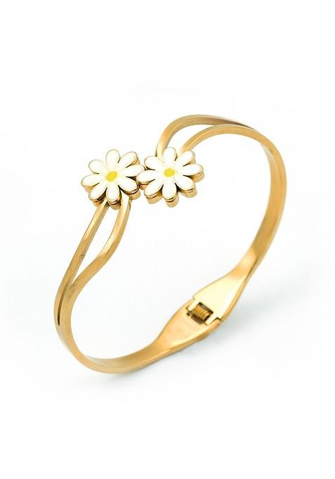 Stainless Steel Gold Plated Floral Bangle Style Bracelet