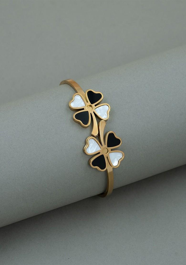 Stainless Steel Gold Plated Floral Bangle Style Bracelet