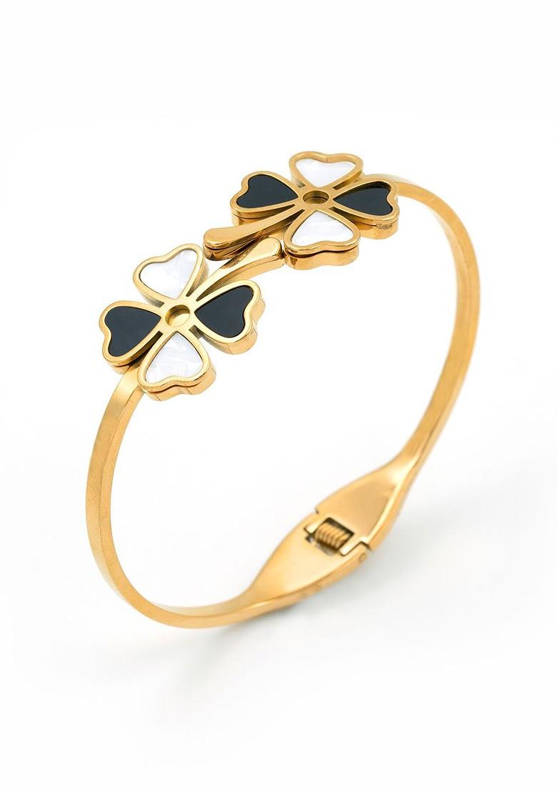 Stainless Steel Gold Plated Floral Bangle Style Bracelet