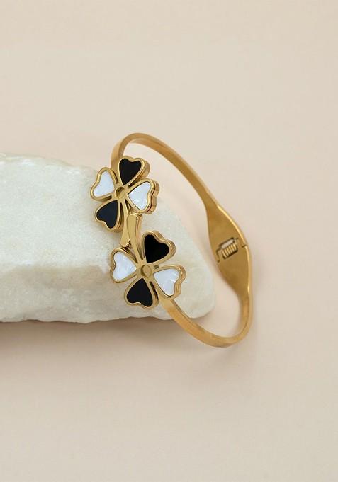 Stainless Steel Gold Plated Floral Bangle Style Bracelet