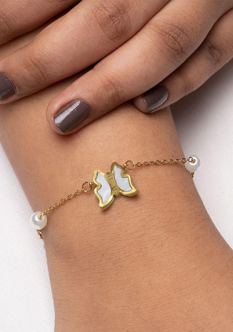 Gold Plated Stainless Steel Artificial Beaded Butterfly Charm Bracelet - Indya