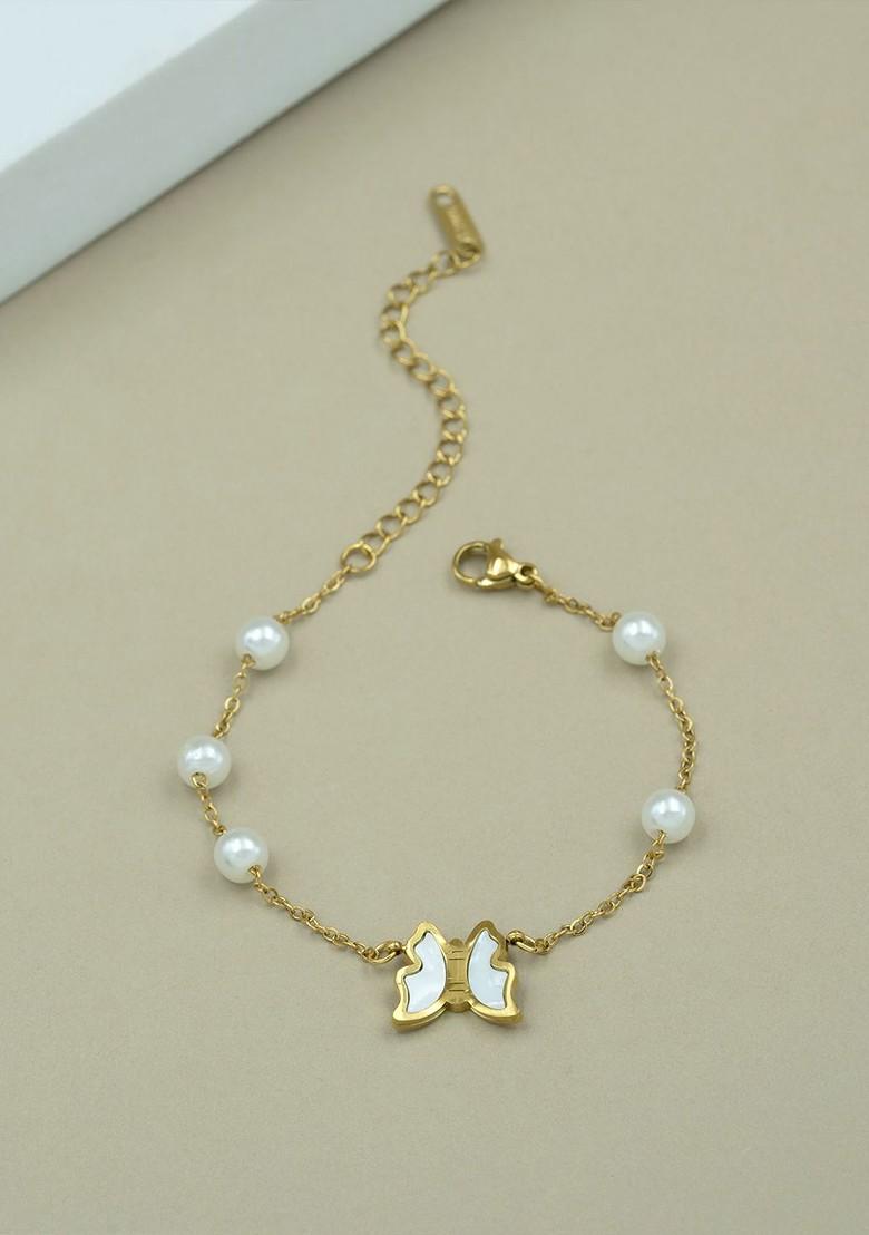 Gold Plated Stainless Steel Artificial Beaded Butterfly Charm Bracelet - Indya