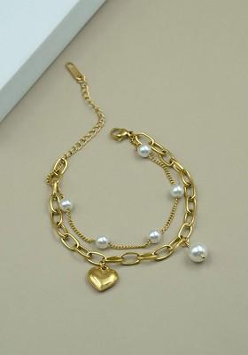 Gold Plated Stainless Steel Artificial Beaded Luna Heart Charm Bracelet