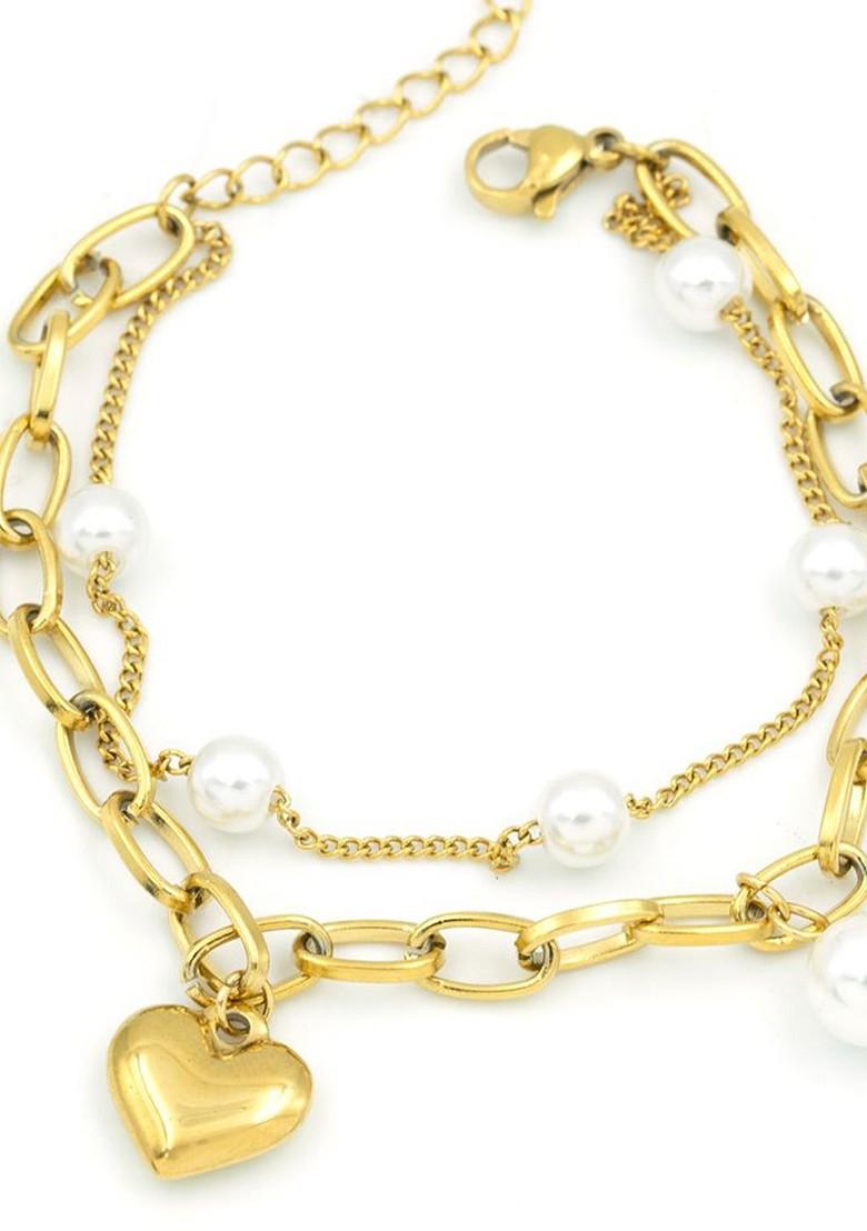 Gold Plated Stainless Steel Artificial Beaded Luna Heart Charm Bracelet - Indya