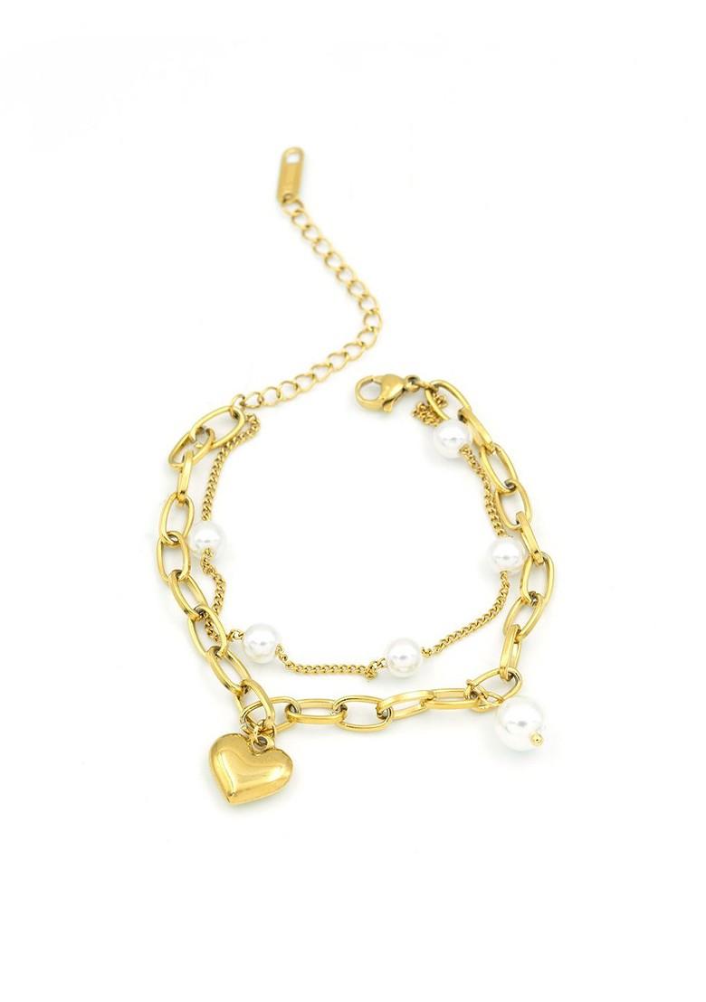 Gold Plated Stainless Steel Artificial Beaded Luna Heart Charm Bracelet - Indya