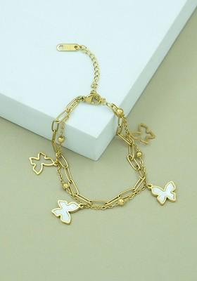 Gold Plated Stainless Steel Artificial Beaded Butterfly Charm Bracelet