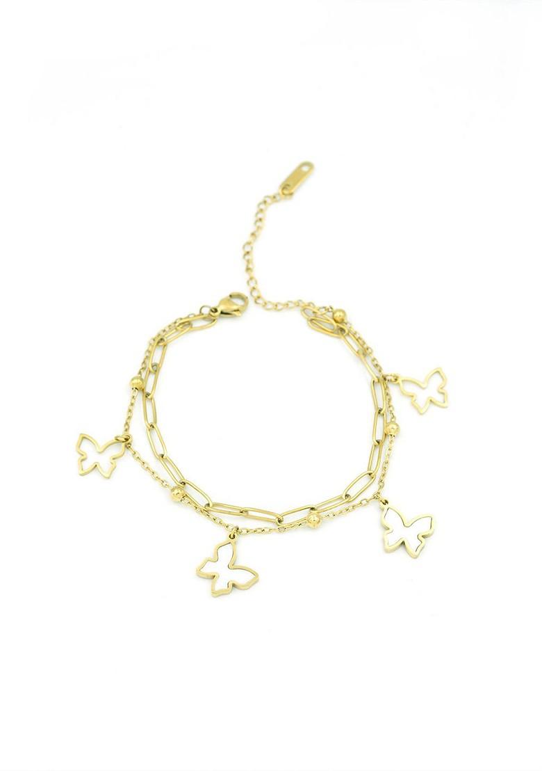 Gold Plated Stainless Steel Artificial Beaded Butterfly Charm Bracelet - Indya