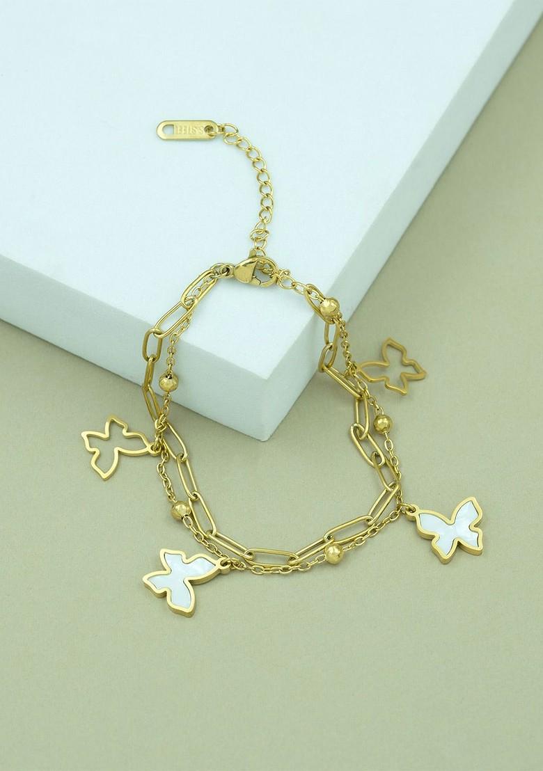 Gold Plated Stainless Steel Artificial Beaded Butterfly Charm Bracelet - Indya