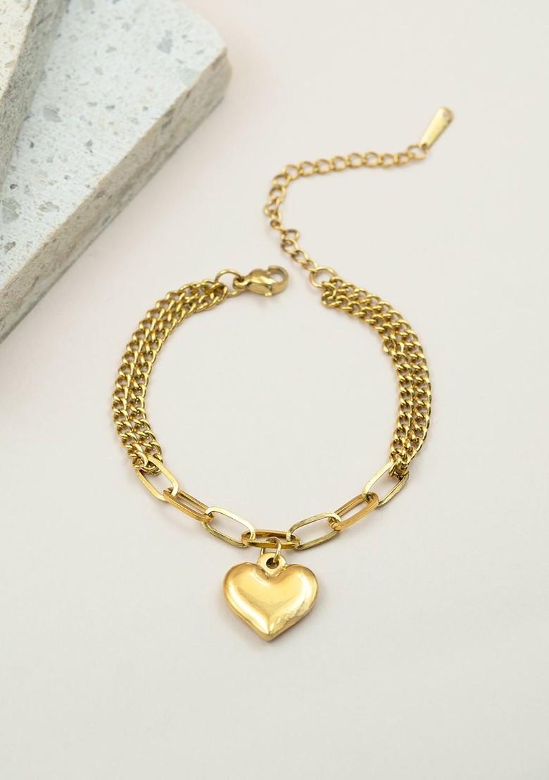 Stainless Steel Gold Plated Heart Charm Bracelet - Indya
