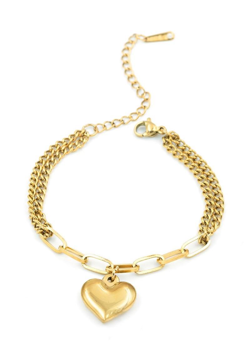 Stainless Steel Gold Plated Heart Charm Bracelet - Indya