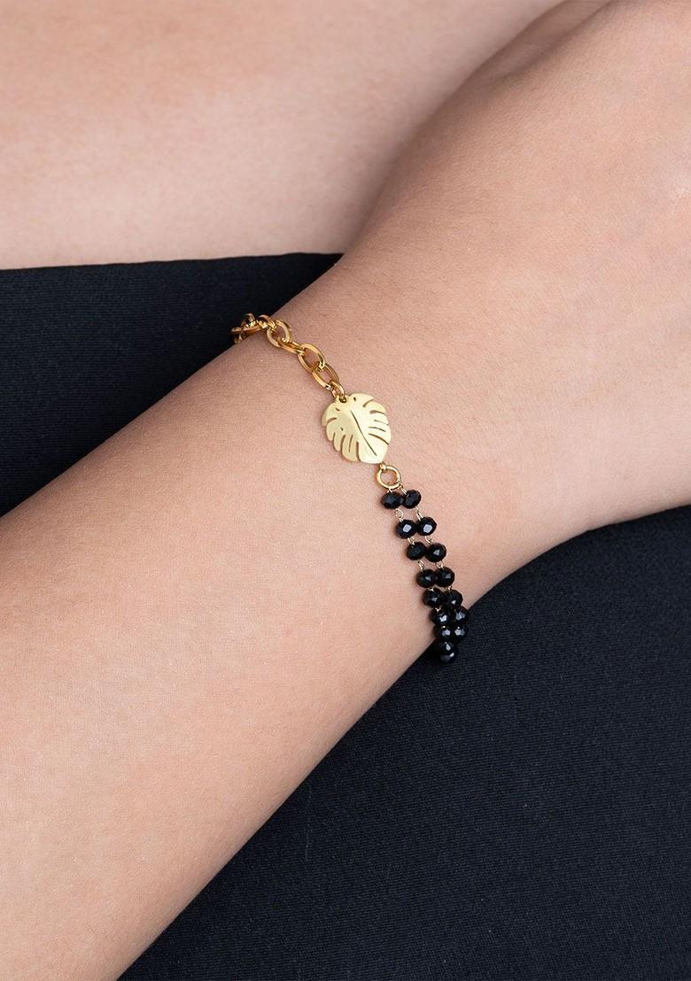 Stainless Steel Gold Plated Artificial Beaded Link Bracelet - Indya
