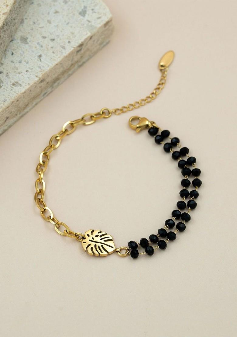 Stainless Steel Gold Plated Artificial Beaded Link Bracelet - Indya