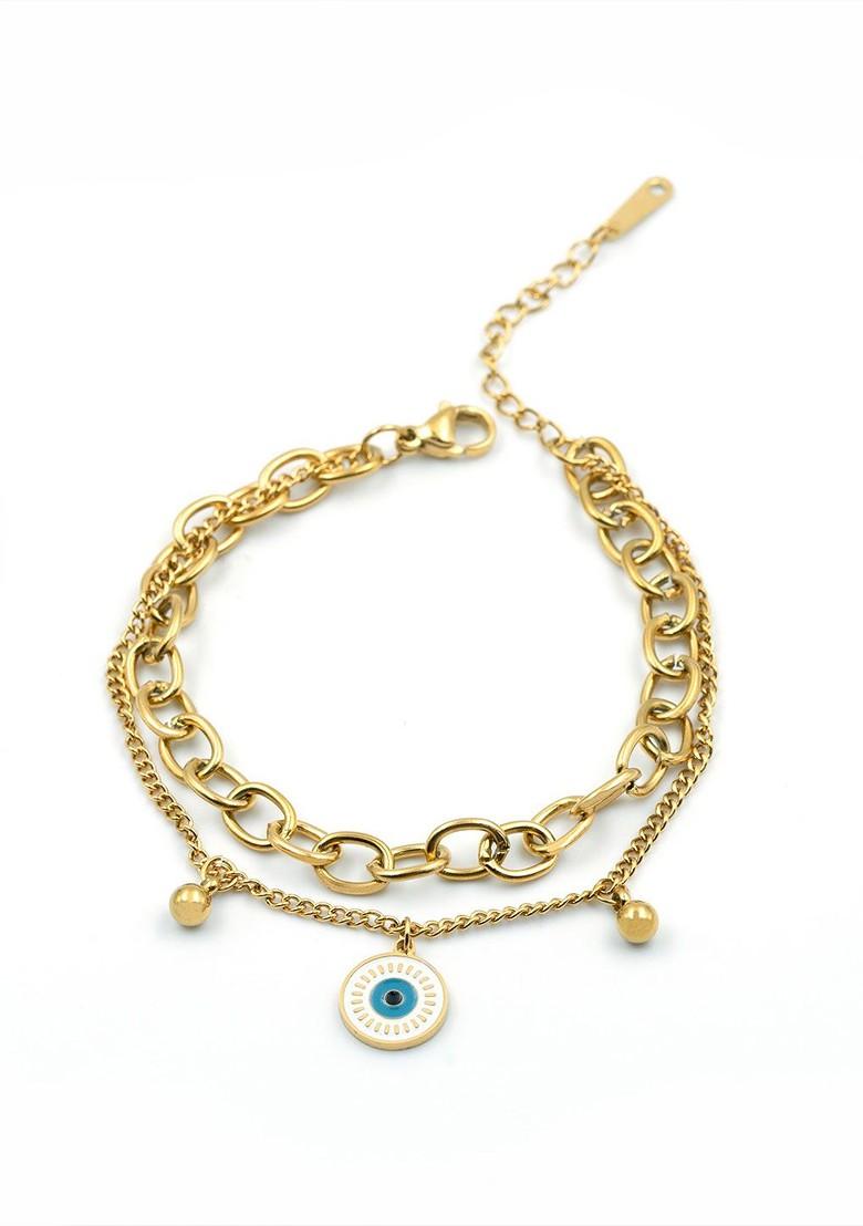 Stainless Steel Gold Plated Evil Eye Charm Bracelet - Indya