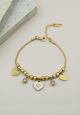 Stainless Steel Gold Plated Artificial Stones Studded Heart Charm Bracelet