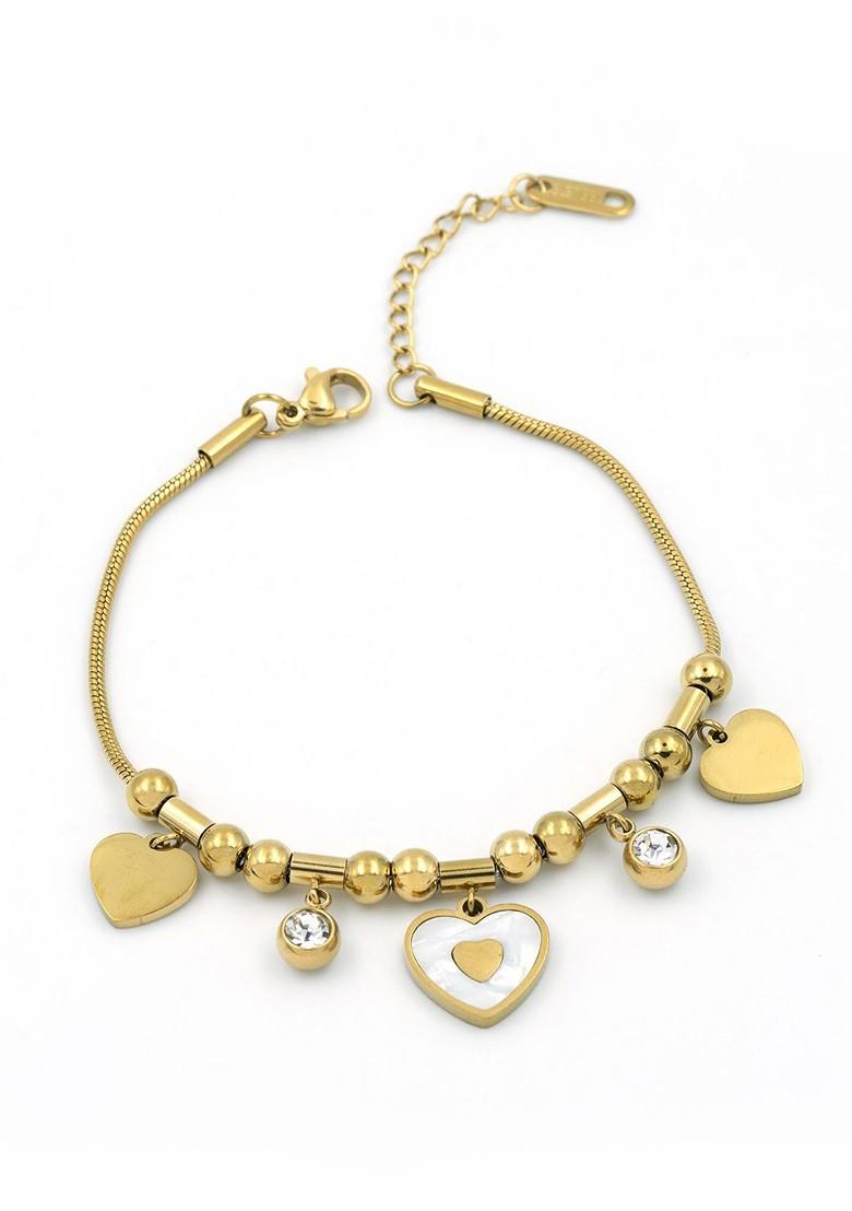 Stainless Steel Gold Plated Artificial Stones Studded Heart Charm Bracelet - Indya