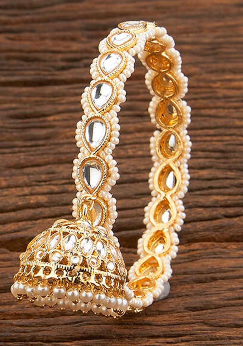 Golden Silver Hanging Design Zircon Brass Bangles - Indya