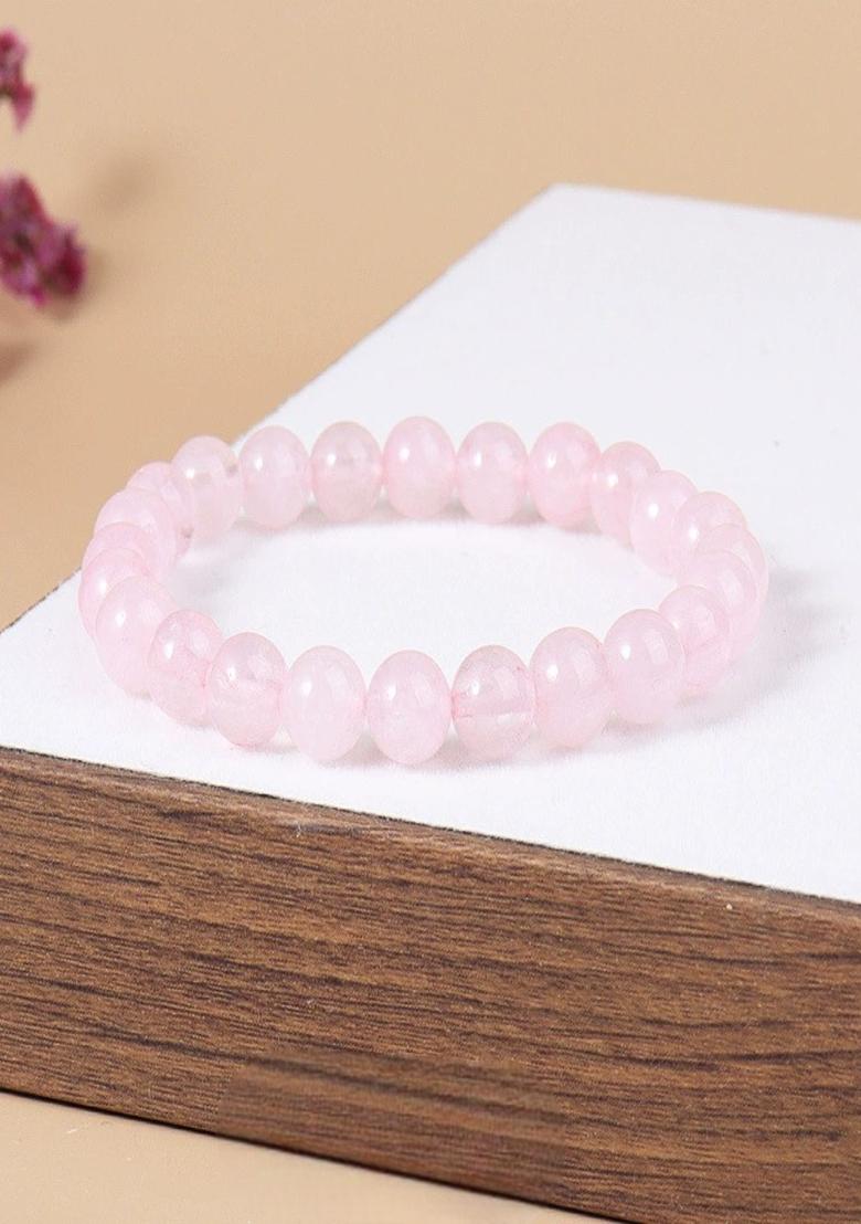 Rose Quartz Pink Natural Stone Elasticated Beaded Bracelet - Indya