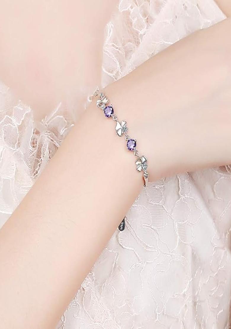 Women Silver Toned Purple Cubic Zirconia Rhodium Plated Link Bracelet - Indya