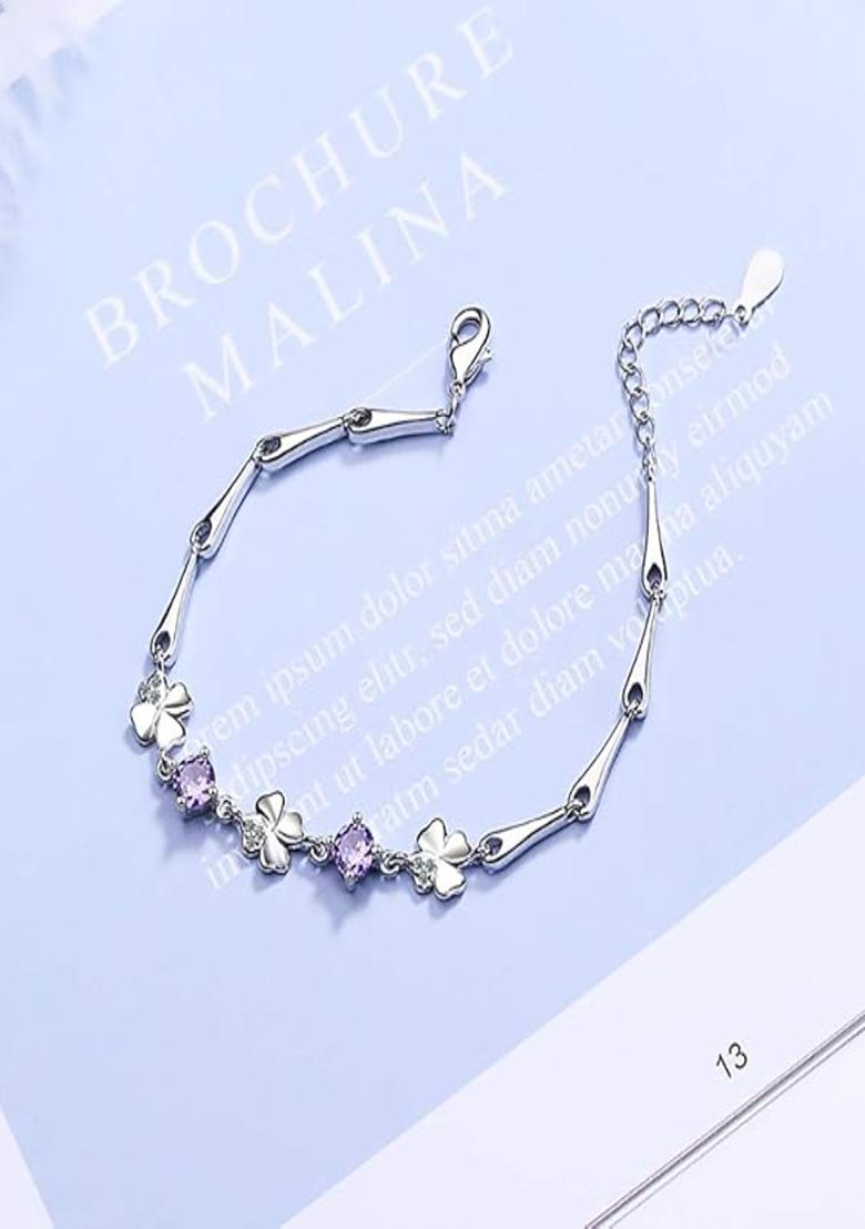 Women Silver Toned Purple Cubic Zirconia Rhodium Plated Link Bracelet - Indya