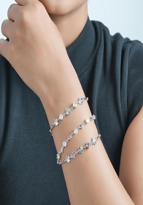 Women Silver Toned Purple Cubic Zirconia Rhodium Plated Link Bracelet