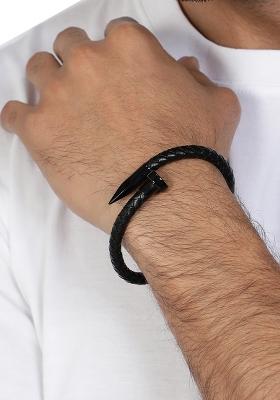 Men Black Weave Leather Bracelet With Titanium Steel Nail