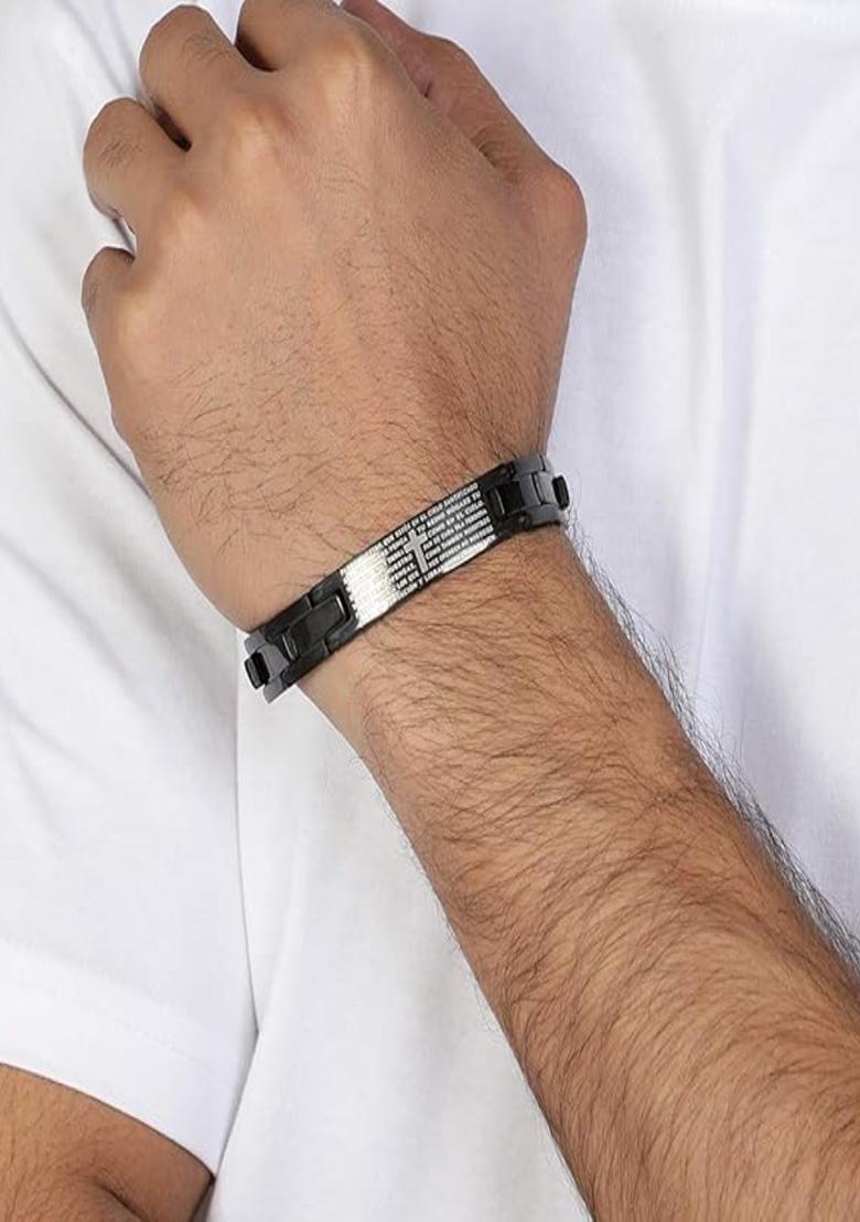 Men Lords Prayer Inscribed Cross Black Bracelet - Indya