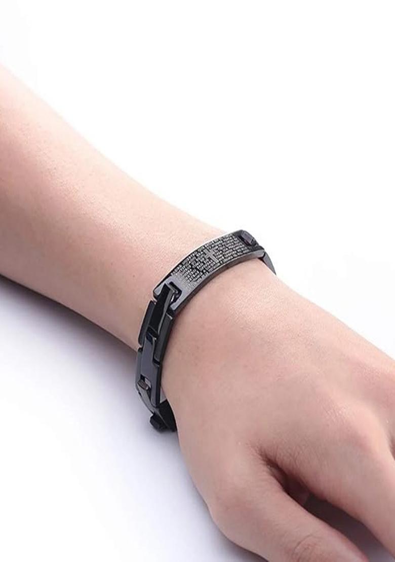 Men Lords Prayer Inscribed Cross Black Bracelet - Indya