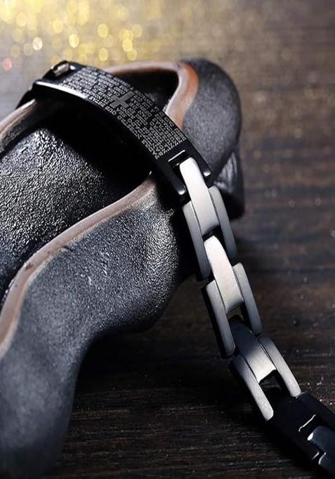 Men Lords Prayer Inscribed Cross Black Bracelet