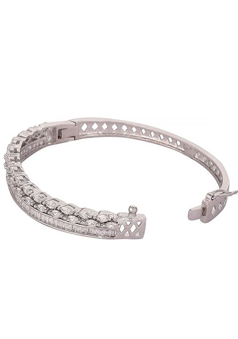 Rhodium Plated American Diamond Studded Bangle Style Bracelet - Indya